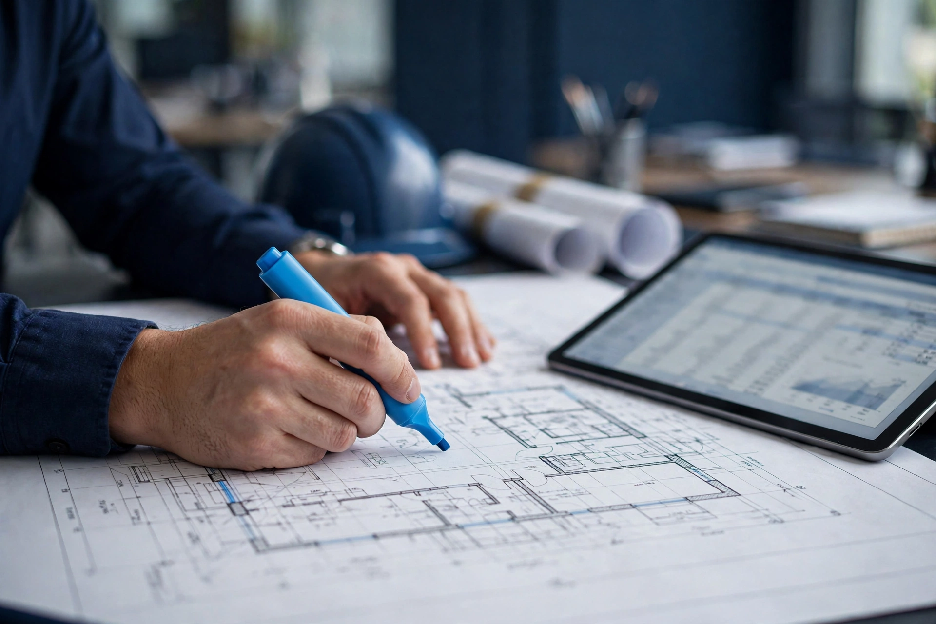Estimator marking measurements on construction plans beside a digital takeoff